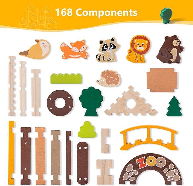 168 Pcs Wooden Blocks Toys with Grass and Small Animals,Classic Old Fashioned Toys,Wooden Building Blocks for Kids Ages 3-9 Boys and Girls