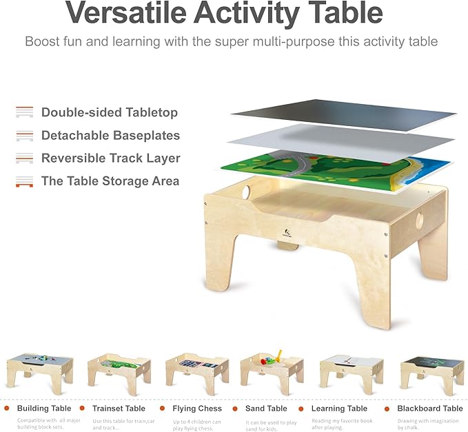 Kid's All-in-One Activity Play Table with 290 Building Bricks and 30-Piece Wooden Train Set Railway,Cars,Track and Accessories for Toddlers Boys and Girls Children's Toy Playset Game Desk