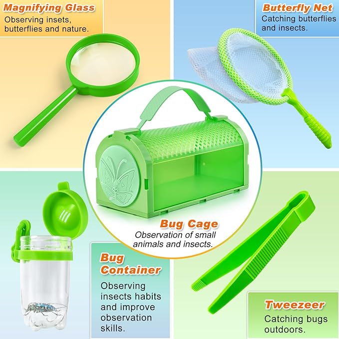 Bug Catcher Kit & Outdoor Explorer Kit for Kids, 10 Pcs Bug Catching Kit with Toy Cage, Backpack, Flashlight, Manifying Glass, Toy Net, Outdoor Exploration Toys Gift for Boys Girls 3-12