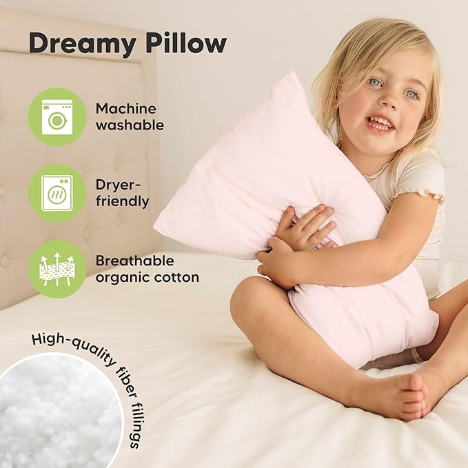 KeaBabies 2-Pack Toddler Pillow 14x20 - Soft Organic Cotton Kids Travel Bed Pillows for Sleeping, School, Nap, Machine Washable, Toddlers 2 to 5, Pillowcase Sold Separately (Mist Pink)