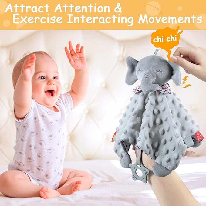 Elephant Security Blanket with Teether - Soft Baby Blanket for Boys & Girls - Dotted, Soothing
