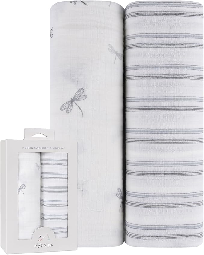 Ely's & Co. Muslin Swaddle Blankets 2-Pack for Baby Boy, 100% Cotton Muslin Extra Large Swaddle Receiving Blankets, 47”x47” (Blue Dragonflies + Stripes)