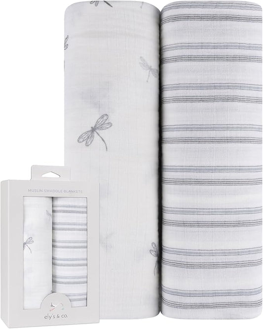Ely's & Co. Muslin Swaddle Blankets 2-Pack for Baby Boy, 100% Cotton Muslin Extra Large Swaddle Receiving Blankets, 47”x47” (Blue Dragonflies + Stripes)