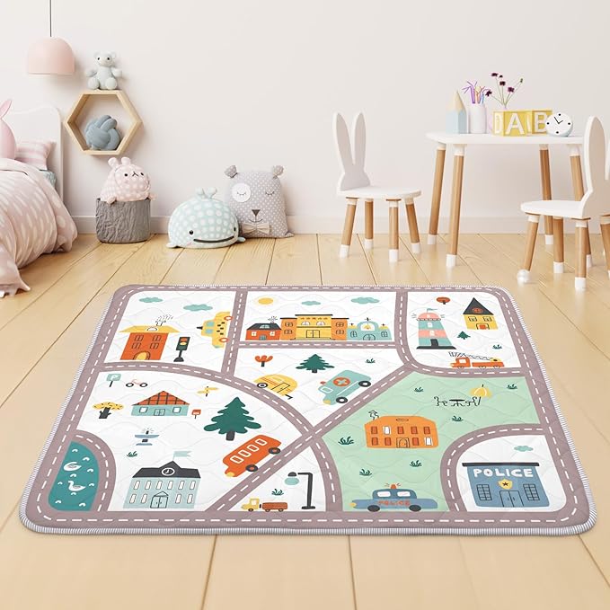 Baby Play Mat for Floor,Soft 50x50 Playpen Mat,Thick Foam Cushioned Playmat for Tummy Time,Safe Non-Slip Backing for Crawling for Kids Toddlers Infants,City Road