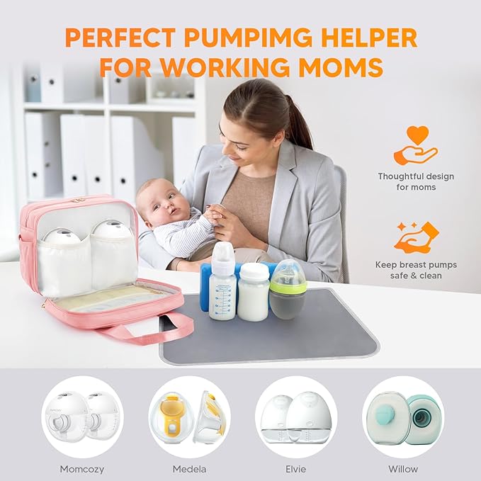 PIIOSER Breastmilk Cooler Bag with Ice Pack, Compatible with Wearable Breast Pumps & Accessories - Portable Pumps Carrying Case for Nursing & Working Moms, Pink