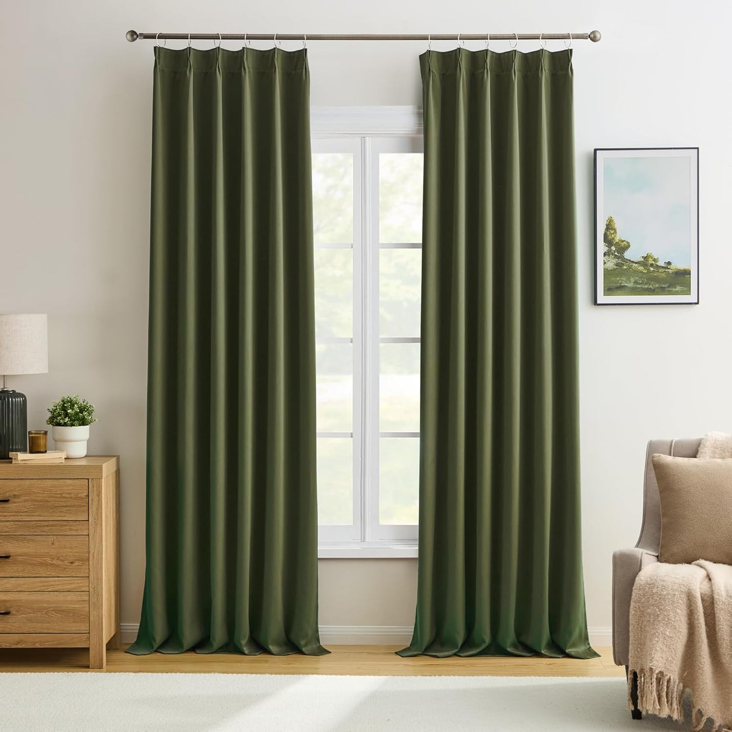 KEQIAOSUOCAI 92 Inch Dark Olive Green Curtains for Bedroom Living Room,Thermal Insulated Dark Out Sound Proof Curtain for Dining Room, Pinch Pleated for Traverse Rods 40x92-2 PCs