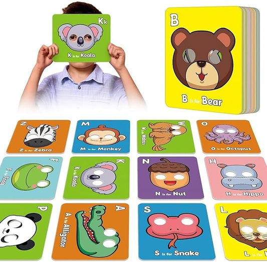 Alphabet ABC Flash Cards with Animal Masks, 26 Pcs Animal mask Alphabet Cards, Interactive Education Games, Learn Letters, English Phrases(Colorful)