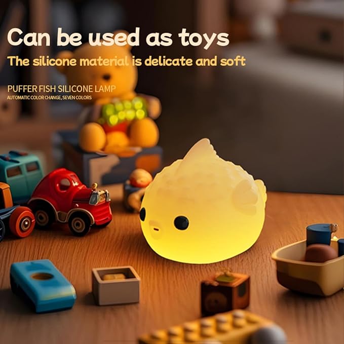 White Pufferfish Night Light - Silicone Touch Sensor Lamp for Nursery, 3 Adjustable Brightness, USB-C Rechargeable Baby-Safe Bedside Light, Modern Kids Room Decor & Toddler Sleep Aid