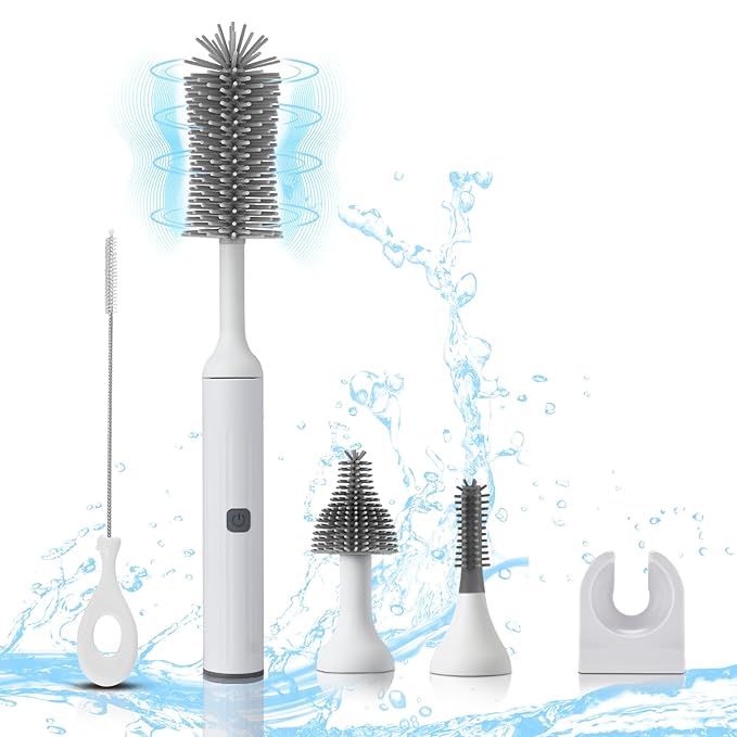 Electric Baby Bottle Brush Set with Rechargeable Electric Bottle Brush Cleaner and Replaceable Silicone Bottle Brushes and Straw Brush Cleaner, Waterproof Multi-Purpose Cleaning Brush (White)
