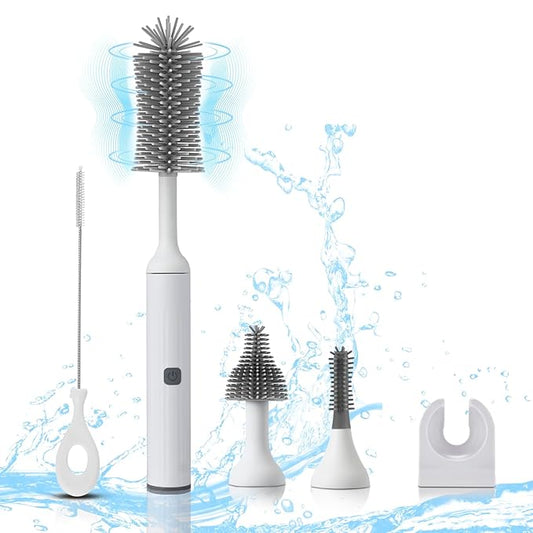 Electric Baby Bottle Brush Set with Rechargeable Electric Bottle Brush Cleaner and Replaceable Silicone Bottle Brushes and Straw Brush Cleaner, Waterproof Multi-Purpose Cleaning Brush (White)