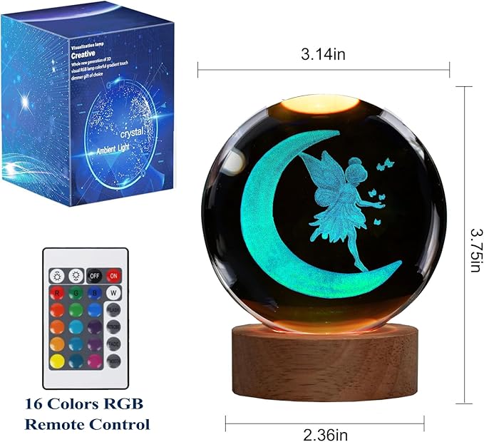 Moon Fairy Night Light, Tooth Fairy Gifts, K9 3.15 Inch (80mm) Crystal Ball Lamp with 16 Colors Remote Upgraded Lamp for Birthday Xmas Cool Fairygirl Figurines Gifts for Room Decor Boys Girls