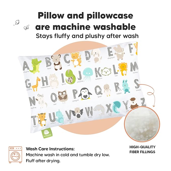 Toddler Pillow with Pillowcase - 13x18 My Little Dreamy Kids Travel Bed Pillows for Sleeping, Organic Cotton Small Pillowcase, Soft & Breathable, Machine Washable, Toddlers 2-5 Years Old (KeaABC)