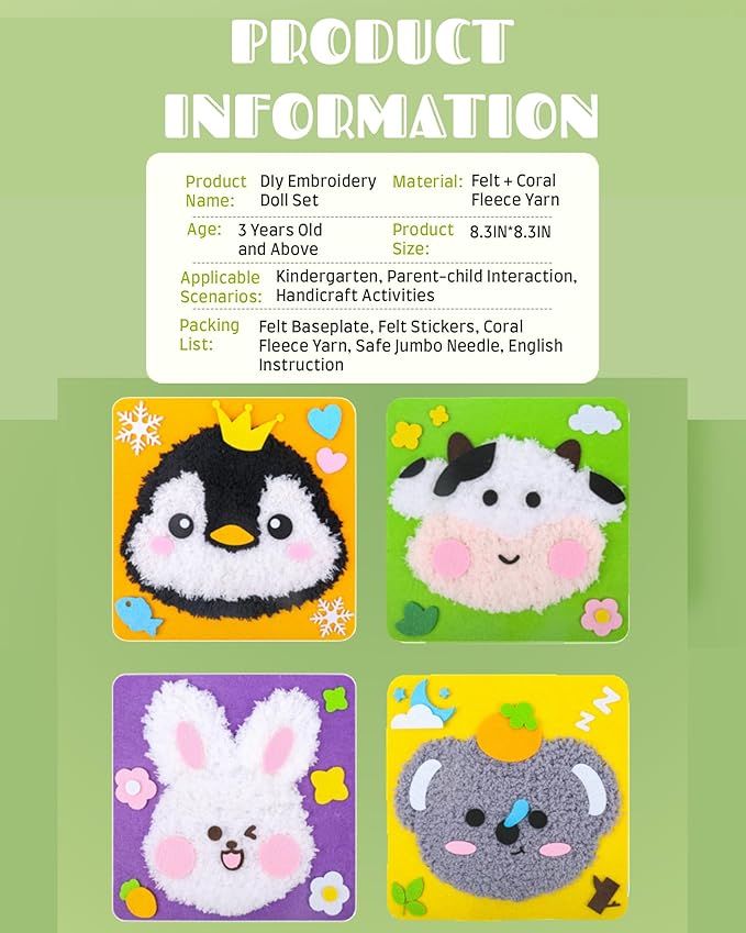 PupuMiao Sewing Kit for Kids DIY Embroidery Sewing Kit Cute Animal Sewing Projects Easy Crafts with English Instructions, Perfect for Beginners, Girls Boys Ages 4-12 (Koala+Cow+Penguin+Bunny)