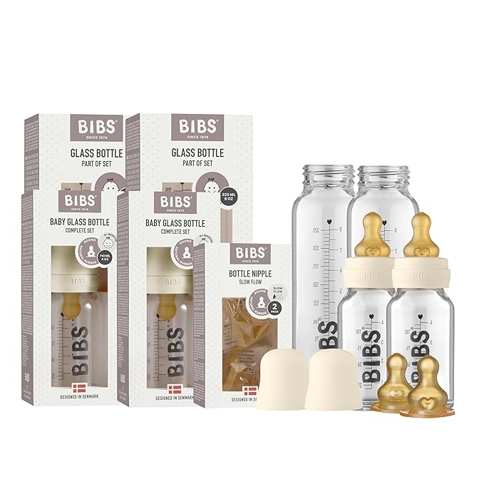 Bibs Baby Glass Bottle Starter Kit 4 Bottles, 3.7 oz & 7.6 oz | Anti-Colic Design, Vented Nipple, Breast-Like Transition | Lab-Grade Borosilicate Glass | Ivory