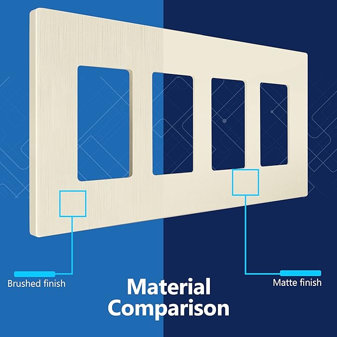 LIDER Brushed Finish Decorator Switch Cover, Screwless Wall Plate, Mid-Size 4-Gang 4.88" x 8.58", Unbreakable Polycarbonate Thermoplastic, UL Listed, LSWP-34M-BLA, Brushed Light Almond