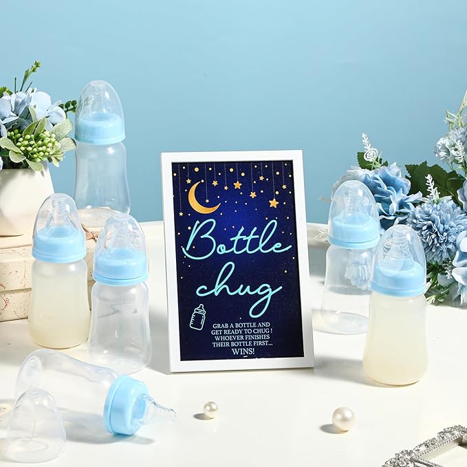 Roowest Bottle Chug Baby Shower Game Favors Including Moon Star Theme Wooden Sign and 18 Pcs Baby Bottles for Gender Reveal Party Supplies