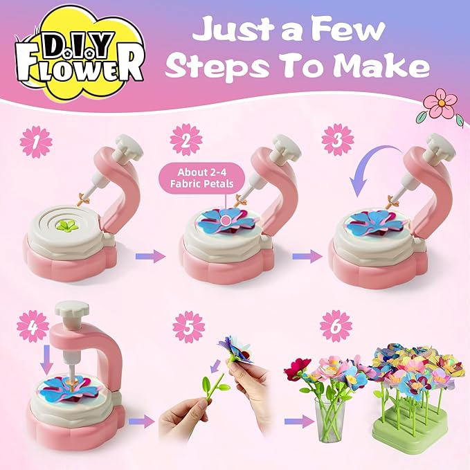 Mini Fabric Flower Press Sewing Machine Toy Kit for Kids Beginners, DIY Paper Bouquets Manual Sewing Kit, Creative Arts & Crafts Making Toy Gift for 4-8 Year Old Girls Boys