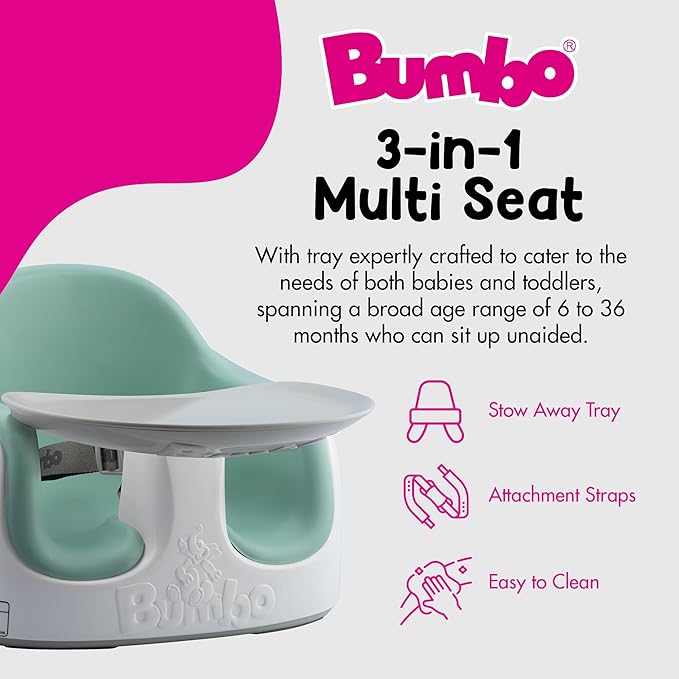 Bumbo 3-in-1 Multi-Seat for 6 to 36 Months, Travel Baby Feeding & Play Floor Seat, All-in-One Portable Booster with Tray & Toddler High Chair, Hemlock