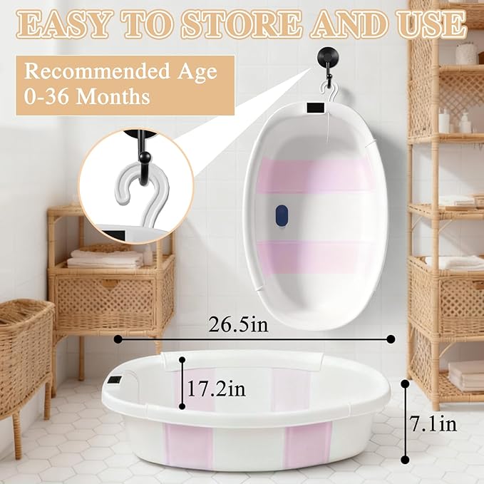 Baby Bathtub, Baby Bath Tub with Thermometer & Soft Cushion, Collapsible Infant Bathtub for Newborn to Toddler 0-36 Months, Quick Use & Portable for Travel(Pink)