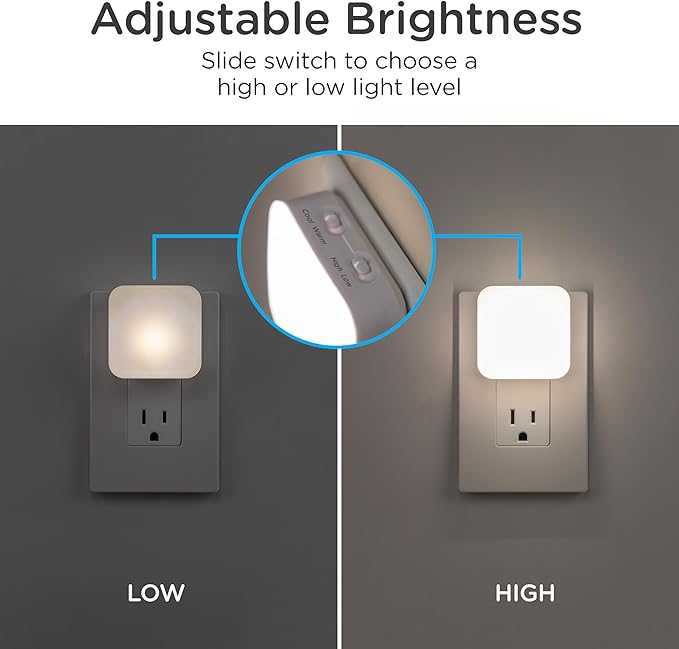 Lights By Night Dimmable LED Night Light, Plug-in, Dusk to Dawn Sensor, Adjustable, Compact, 4 Settings, Ambient Lighting, for Kids or Adults, Bedroom, Bathroom, Nursery, Hallway, 4 Pack, 82180