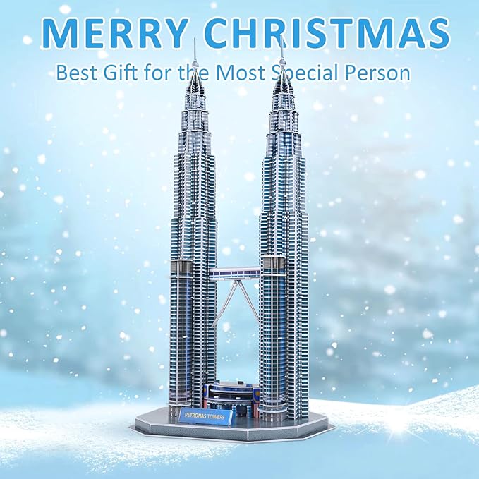 3D Puzzles for Adults & Kids, Petronas Twin Towers City Architecture Building Model Kit, 3-D Jigsaw Puzzles DIY STEM Desk Toys Christmas Birthday Gift for Hobbyist Teens Boys Girls 10-12-14, 130 PCS