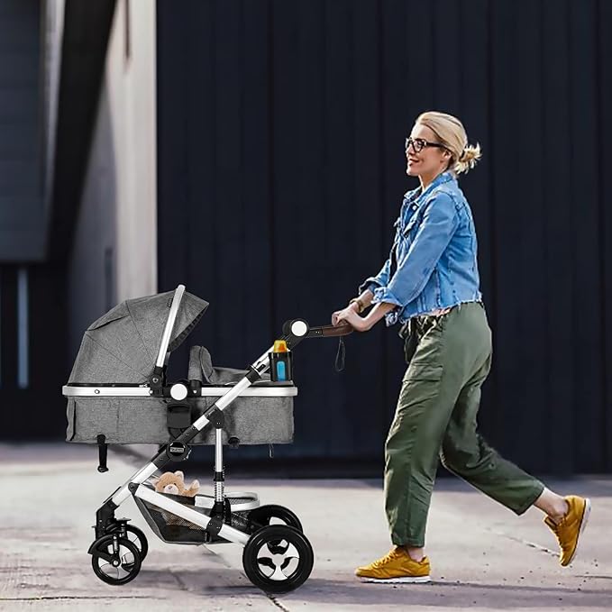 Kinder King 3 in 1 Reversible Baby Stroller w/Detachable Tray, Convert to Newborn Pram, Folding Infant Carriage for Toddler, Adjustable Canopy & Handle, Aluminum Alloy, Suspension Wheels