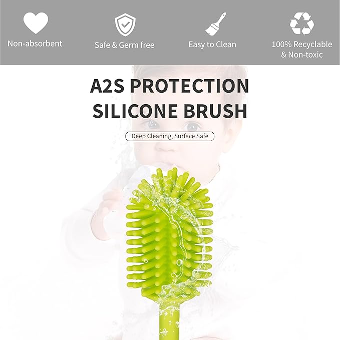 A-Brush Silicone Bottle Cleaner Brush, Flexible, Long Handle - Water Bottle Cleaner, Baby Bottle Nipple Brush for Plastic & Glass, BPA-Free Dish Washing Brush A2S Protection