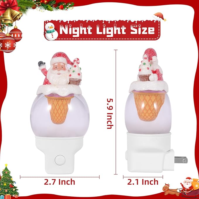 Christmas Night Light Plug into Wall Swirling Glitter USB Portable Christmas Decorative Night Light Decoration for Kids Adults Bedroom Kitchen Living Room Holiday Decor (Santa Cookie Cones)