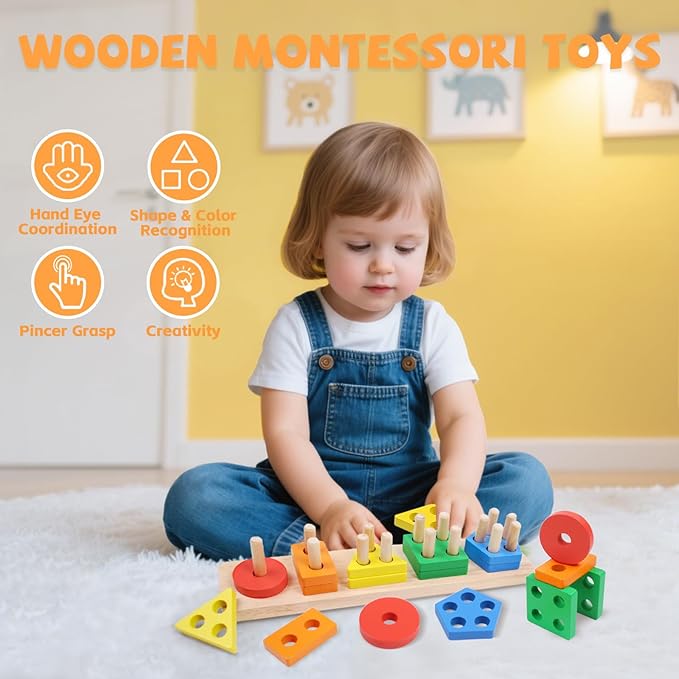 Montessori Toys for 1 2 3 Year Old - Wooden Baby Stacking Toys Sensory Educational Shape Sorter Color Sorting Toy for Toddlers 1-3, Christmas Stocking Stuffers Birthday Gifts for Baby Girls Boys Kids