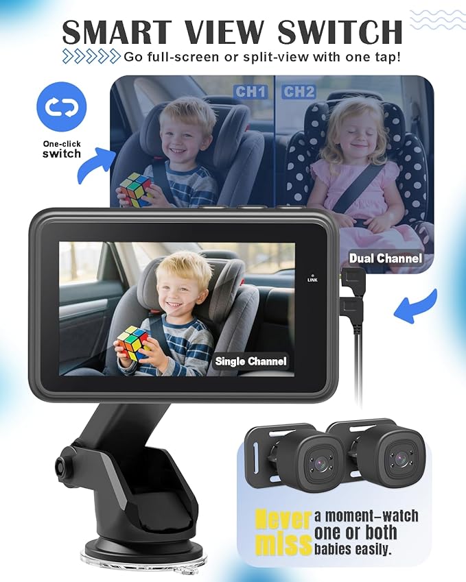 Baby Car Camera for 2 Kids - 4.3" Dual Channel Car Baby Monitor with Split Screen,Night Vision, Wide View, Easy Install Rear Facing Backseat Camera for Baby