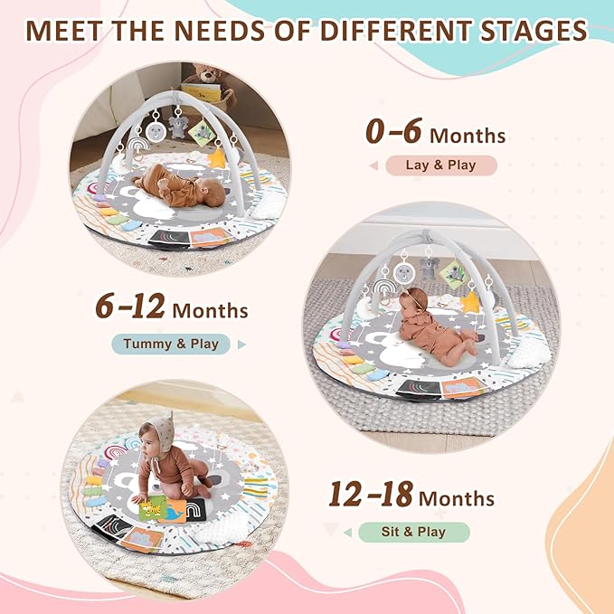 Baby Play Gym & Activity Mat, Tummy Time Mat with Tummy Time Pillow 7 Detachable Sensory Toys and Educational Cards for Motor Skills & Sensory Development, Baby Essentials Shower Gift, Grey Koala