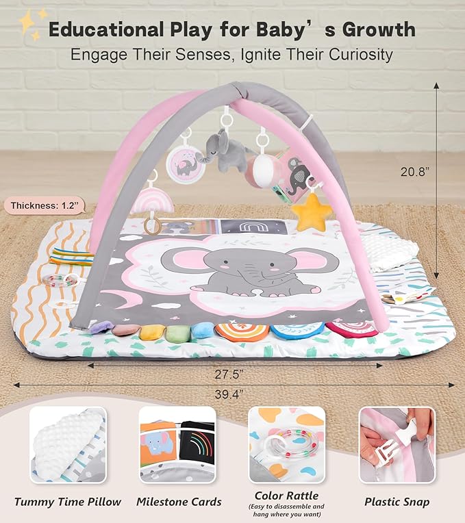Baby Play Mat Activity Gym with Tummy Time Pillow, 6 Developmental Zones Tummy Time Mat, 6 Detachable Sensory Toys and Educational Cards, Essential Baby Shower Set, Pink Elephant