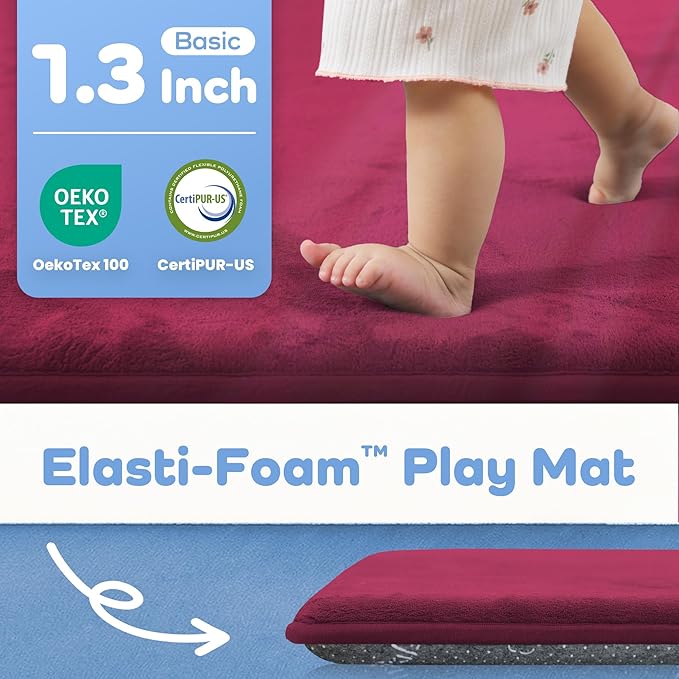 1.3" Thick Baby Floor Play Mat 50x50, Basic Padded Foam Mat for Tummy Time Crawling, Non Slip Cushioned for Babies Toddlers Infants Kids (Burgundy)