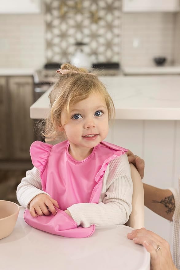 Tiny Twinkle Mess Proof Baby Bibs for Eating – Waterproof, Wipeable Toddler Bibs with Pocket – Baby Food Bibs for Girls & Boys(3 Pack,Girl Hearts)