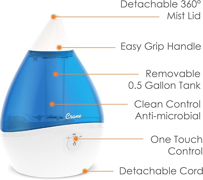 Crane Droplet Ultrasonic Teardrop Cool Mist Air Humidifier, 0.5 Gallon for Bedroom and Office, Blue and White, Nursery Humidifier