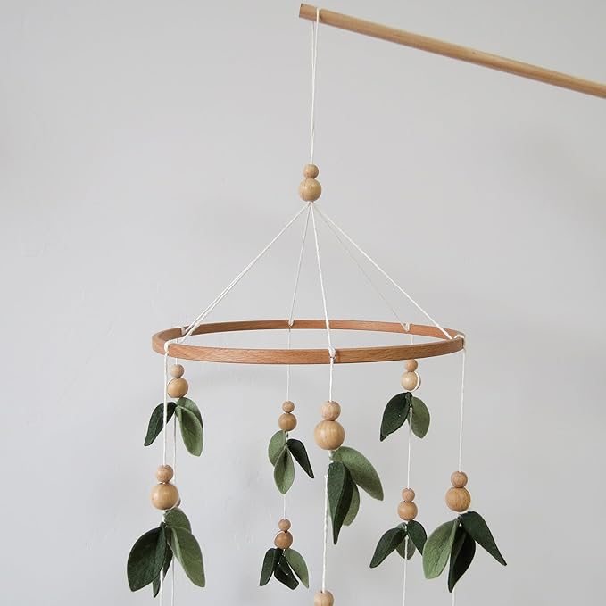 Green Leaf Crib Mobile Forest Baby Mobile for Crib Green Leaf Nursery Mobile with Wooden Bead