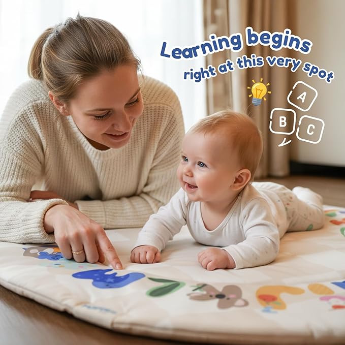 Baby Play Gym & Activity Mat with Light-up Musical Arch, Tummy Time Mat with 6 Detachable Sensory Toys for Motor Skills & Sensory Development, Baby Essentials Shower Gift - ABC123