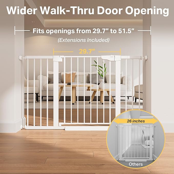 Cumbor 2 Pack 29.7"-51.5" Extra Wide Baby Gate for Stairs, Easy Wall Through Dog Gates for Doorways, Pressure Mounted Pet Gate Indoor, Safety Auto-Close Child Gate for Kids with 4 Wall Cups, White