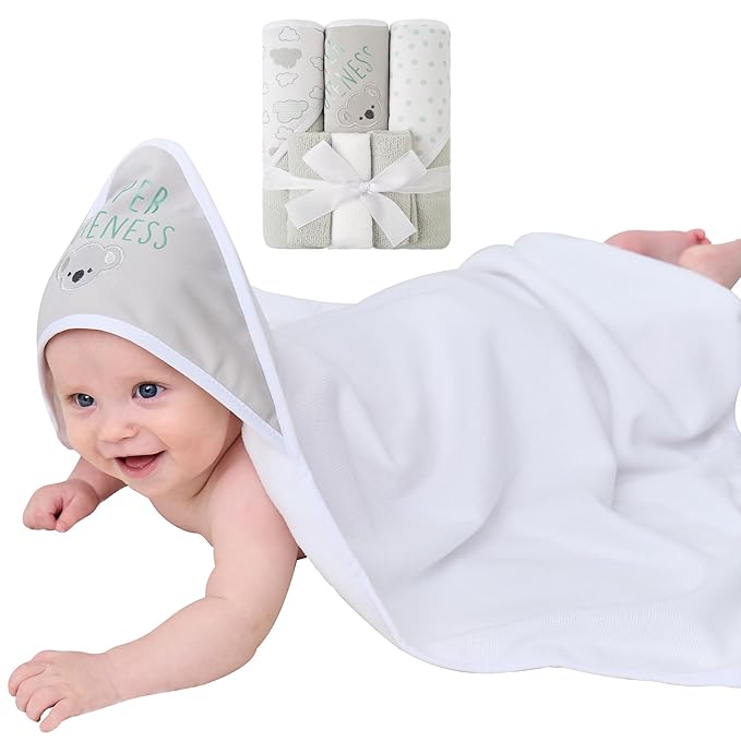 Viviland Baby Towels and Baby Wash Cloths Set Hooded Baby Towels Baby Wipes Absorbent Bath Face Towels Burp Cloths or Face Towels for Girl Boy 6-Pack Size 28 x 28 Inch(Grey Koala)