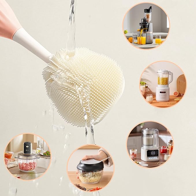 Baby Bottle Brush Kit with Push-Press Bubble and Drying Rack for Bottle Cleaning, Bendable Bottle Cleaner Brush for Baby Bottles, Breast Pumps, Nipples, Straws and More. Perfect for Home&Travel (Pink)