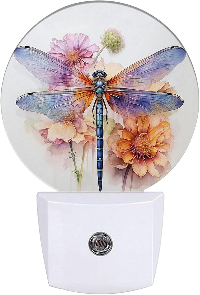 Dragonfly Night Light Watercolor Floral Night Lights LED Lamp Round Plug into Wall Nightlight with Dusk to Dawn Sensor Home Hallway Stairway Kitchen Decor