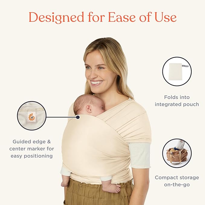 Ergobaby Sustainable Knit Aura Baby Carrier Wrap for Newborn to Toddler (8-25 lbs) - Comfortable, Ergonomic, & Ultra-Soft Newborn Wrap Carrier - One Size Fits Most - Rayon, Cream
