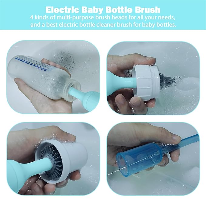 Electric Baby Bottle Brush Set with Rechargeable Electric Bottle Brush Cleaner and Replaceable Silicone Bottle Brushes and Straw Brush Cleaner, Waterproof Multi-Purpose Cleaning Brush(Blue)