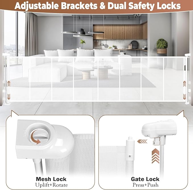 236" Retractable Baby Gate Extra Wide, 41" Tall Retractable Dog Gate for Stairs, Doorways, Decks, Mesh Gate Long Child Gate Pet Gate for Indoor, Outdoor, with Reinforced Mesh Rods, Dual Locks
