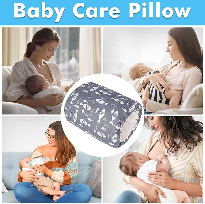 Nursing Arm Pillows for Breastfeeding,Baby Feeding Arm Pillow Portable and Washable for Travel, Soft Cotton Ergonomic Bottle Nursing Essentials（Grey Little Fish）