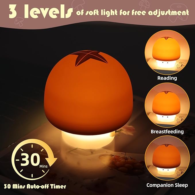 YISUN Mushroom Night Light, Cute Silicone Nightlight for Baby Toddler, Rechargeable LED Nursery Lamp with Timer, 3 Level Dimmable Soft Squishy Night Lamp Gift for Bedroom Kids Room Decor