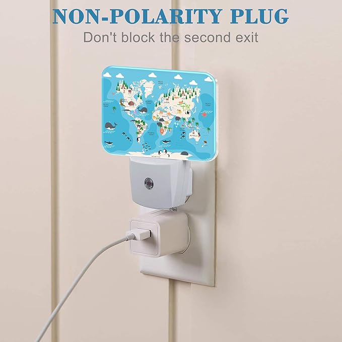 Cute Animal World Map Night Light for Kids Girls Boys, Cartoon World Map LED Night Light Plug into Wall with Dusk to Dawn Sensor for Room, Hallway, Kitchen, Bathroom, Stairs Decor