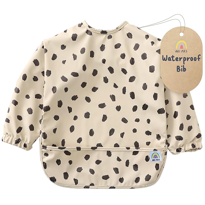 ARI MES Long Sleeves Waterproof Baby Bibs for Eating - Black Spots, Medium- Wearable, Coverall for Toddler, Long Sleeve Bib, Smock Apron for Feeding - Applicable for 6-72 Months