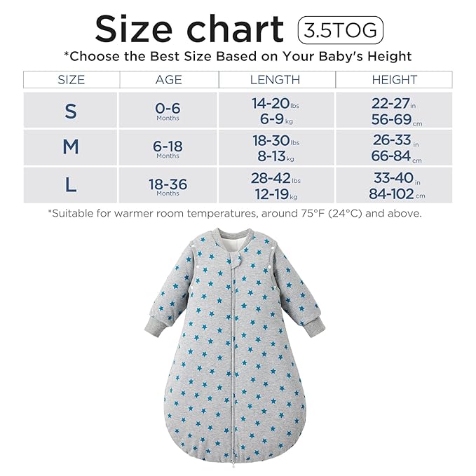 Duomiaomiao 3.5 TOG Baby Sleep Sack 100% Cotton Winter Long Sleeve Baby Wearable Blanket, Super Warm Quilted Comfy Toddler Sleeping Sack