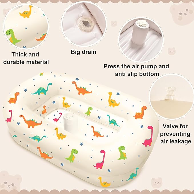Inflatable Baby Bathtub with Built-in Air Pump, Back Support, Portable Travel Baby Bath Tub, Deflates and Folds Easily, Newborn to Toddler 3-20 Months (Dinosaurs)